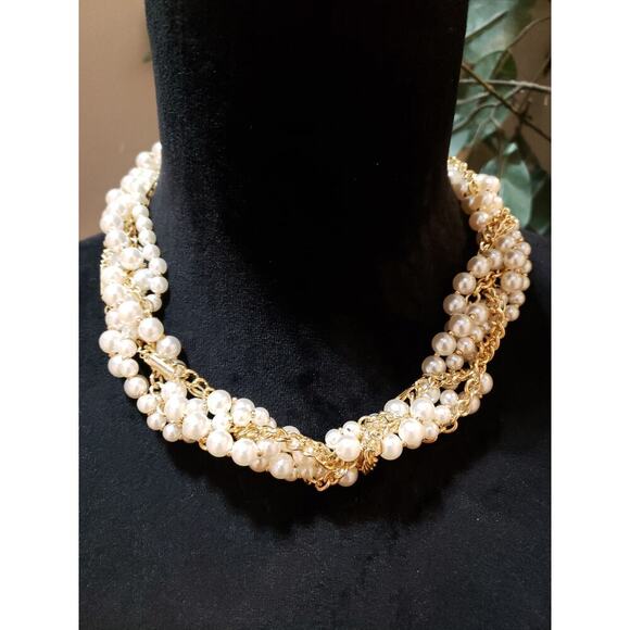 Women Gold Tone Layered Ivory Faux Pearls Twisted Chains Collar Necklace Jewelry - Picture 1 of 6